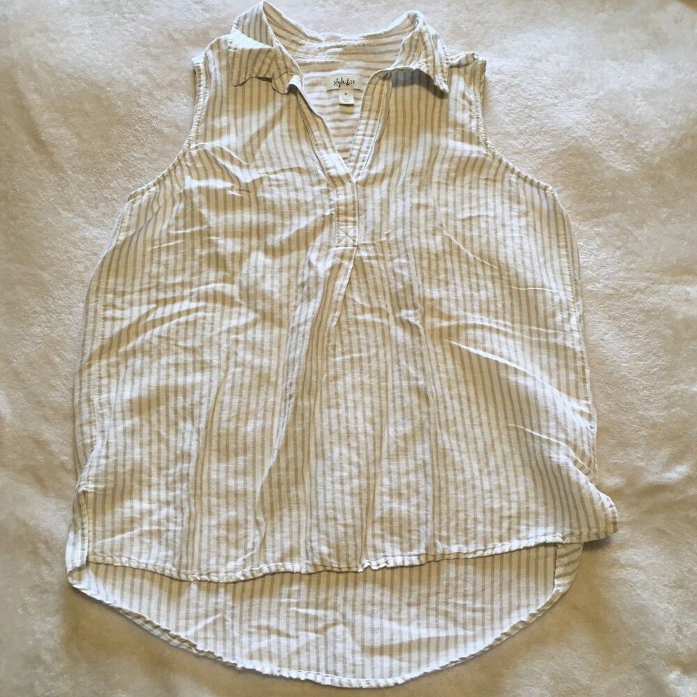 Style & Co Womens Blouse Sleeveless Linen Cotton Size M Striped Top